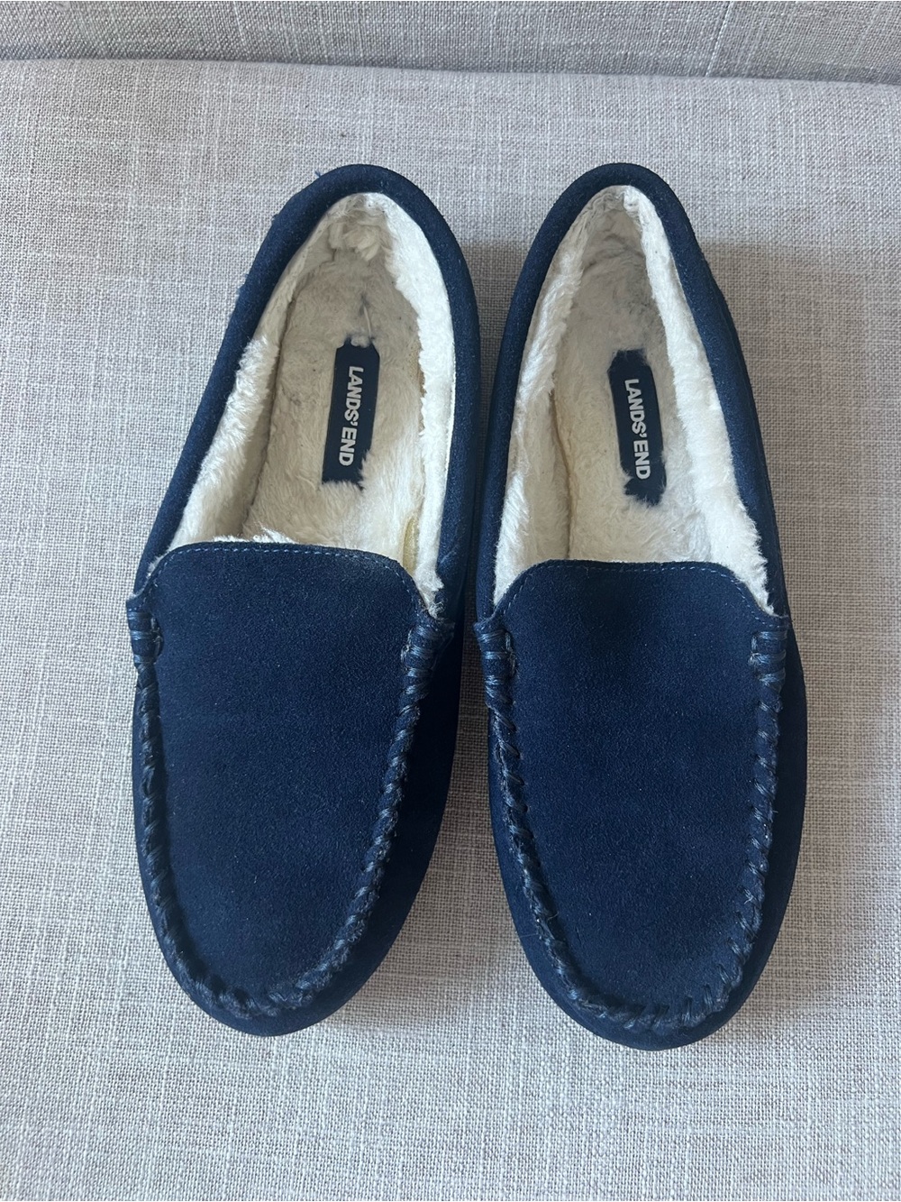 Lands' End Navy Moccasins, women’s 8, slip on comfort, cozy, casual lounge, soft